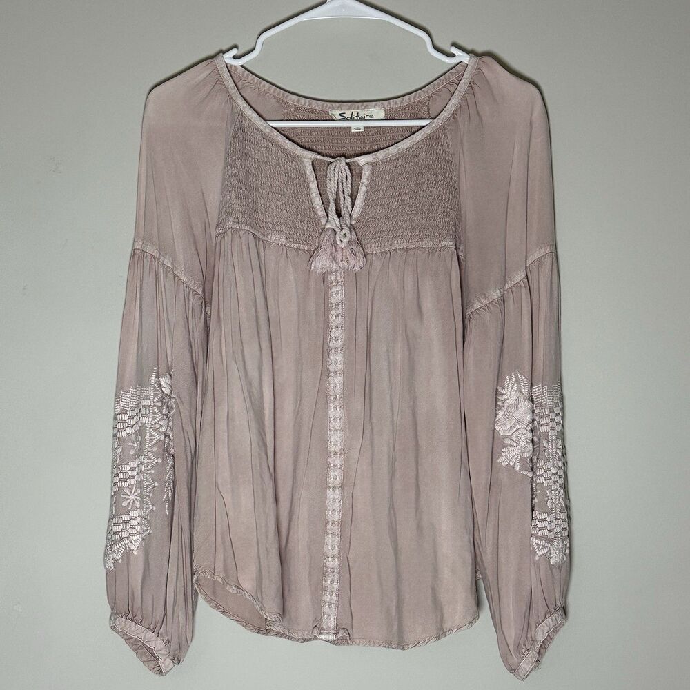 Solitaire Boho Peasant Embroidered Floral Blouse M Romantic Folk Bubble Sleeve
